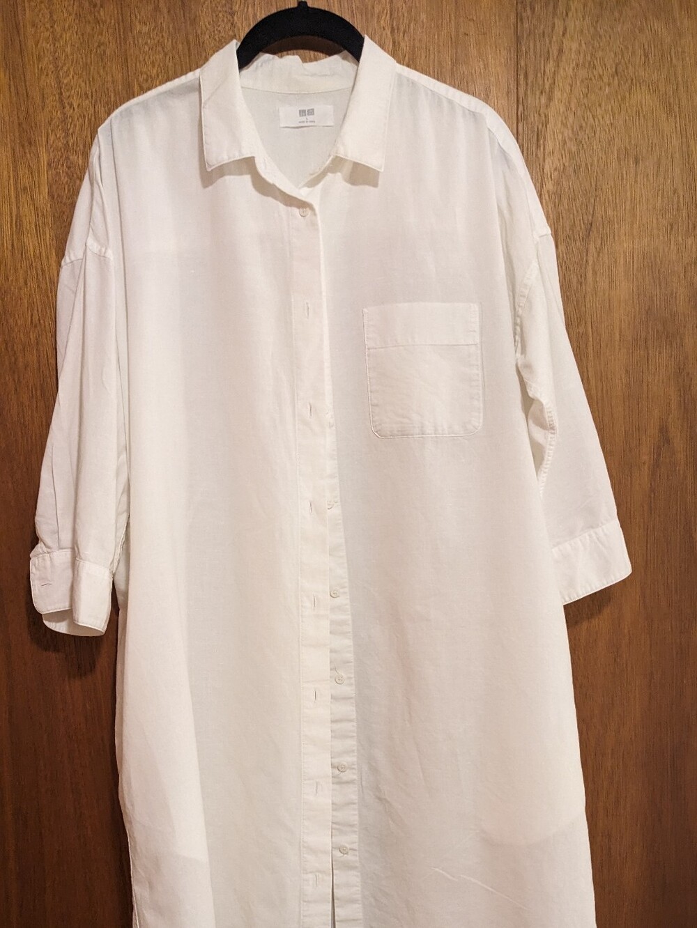 Uniqlo Women's White Button Down Shirt Dress L 70% Cotton 30% linen